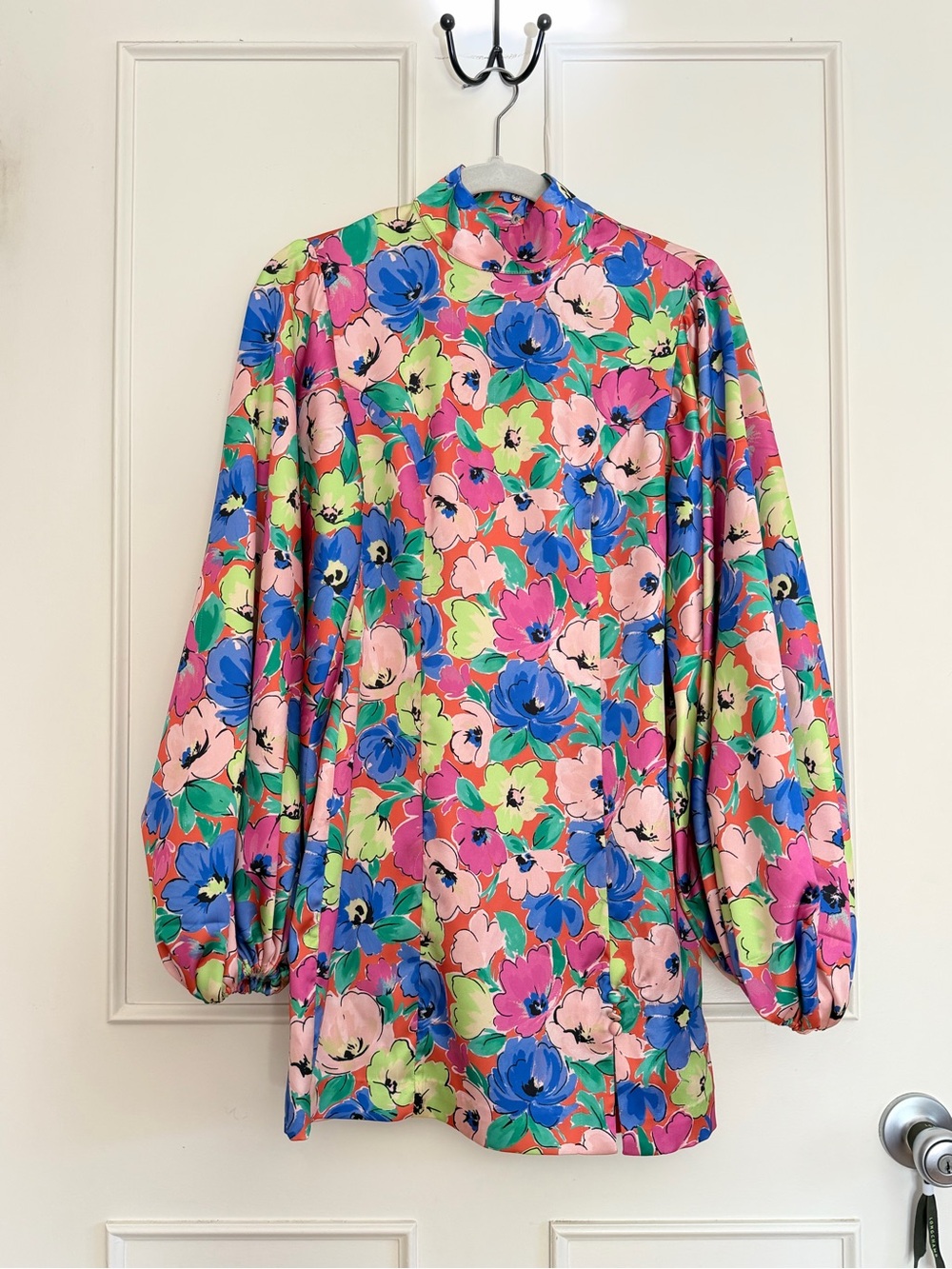 ROTATE Vibrant Floral High-Neck Dress with Balloon Sleeves